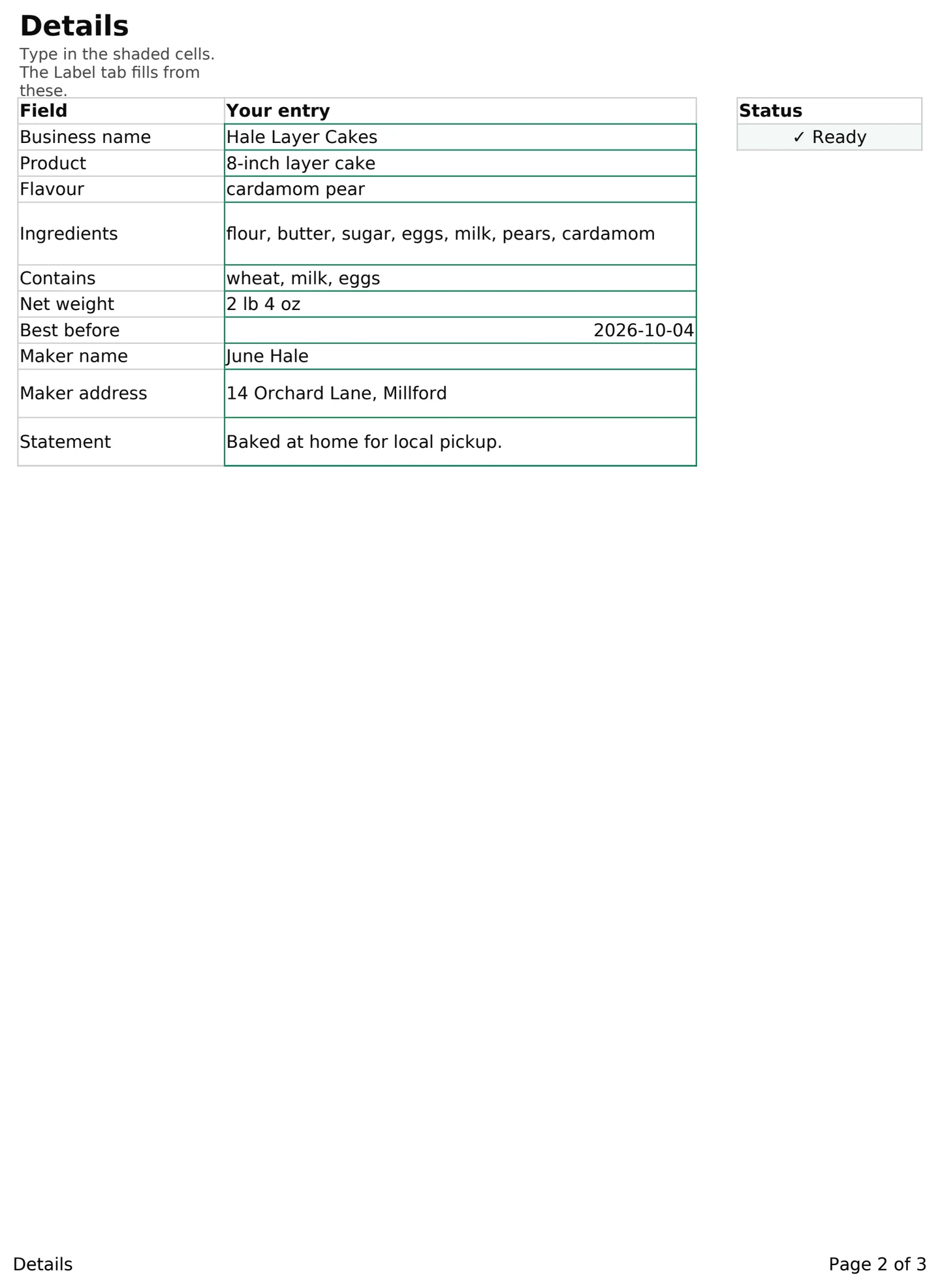 Cottage Food Label, the sheet you fill in
