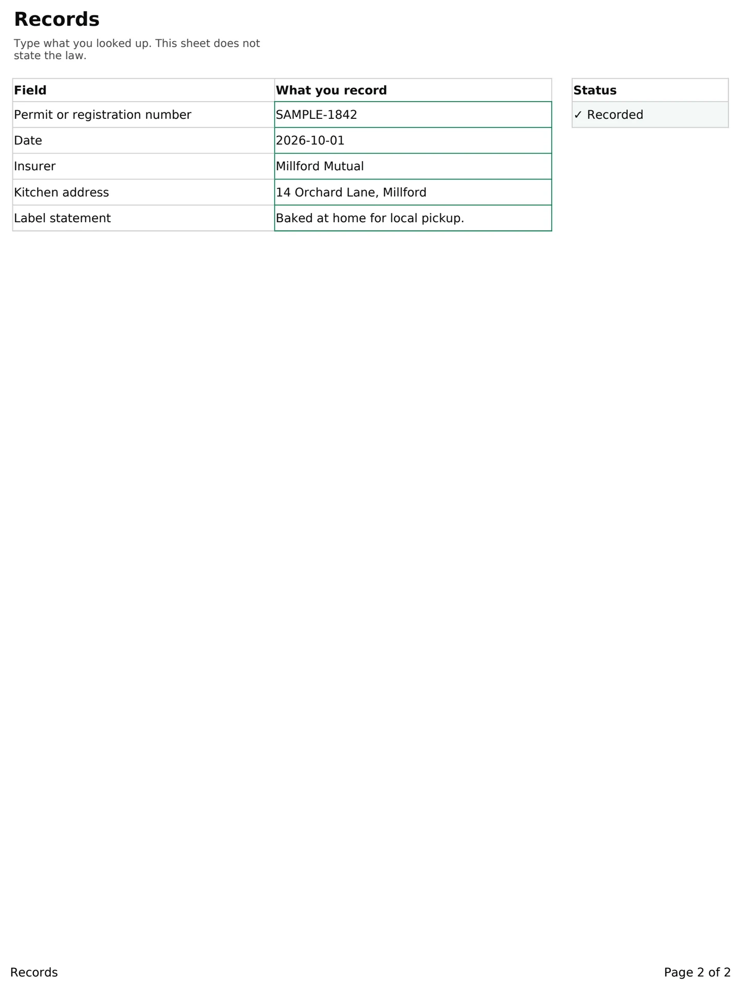 Cottage Start Records, the sheet you fill in