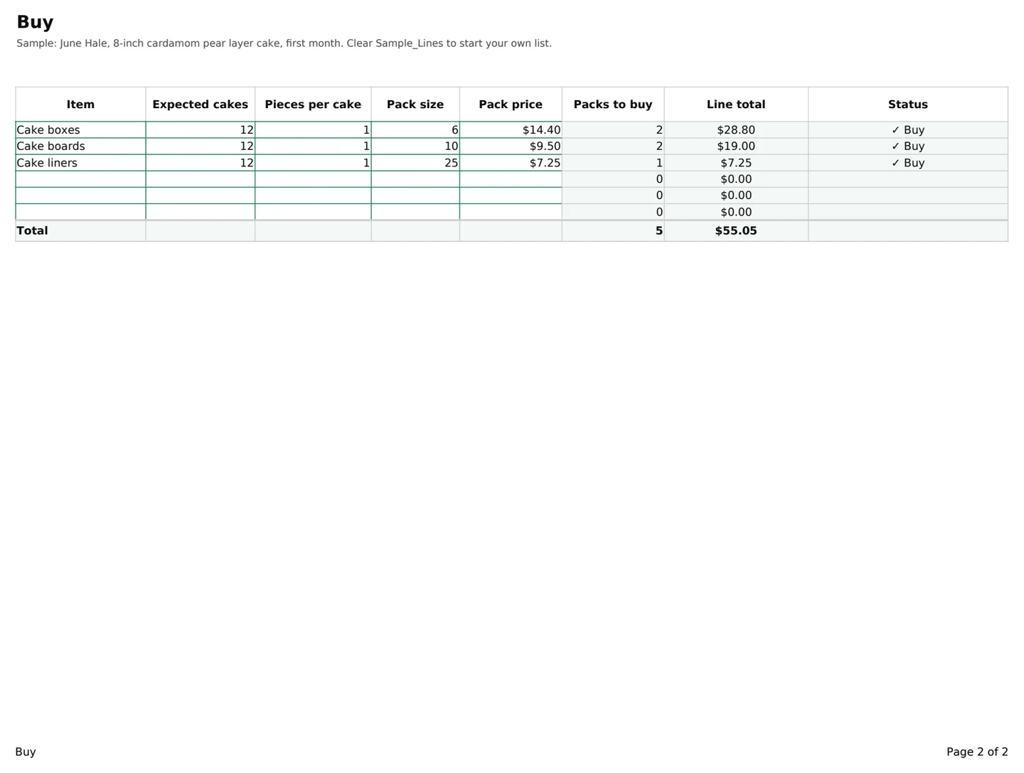 First Month Packaging, the sheet you fill in